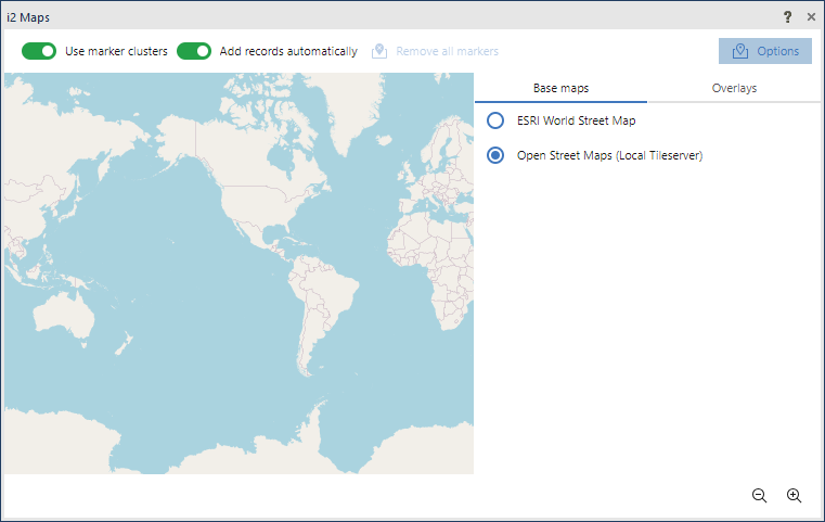 Image of i2 Maps Options being set to use a local tile server