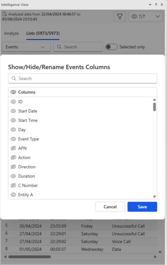 Intelligence View Customize Columns