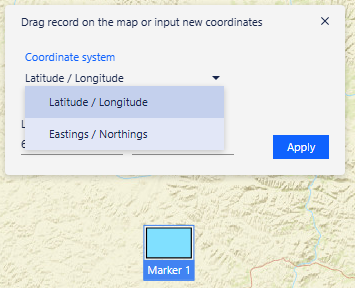 Change location dialog showing inline coordinate entry and Apply button