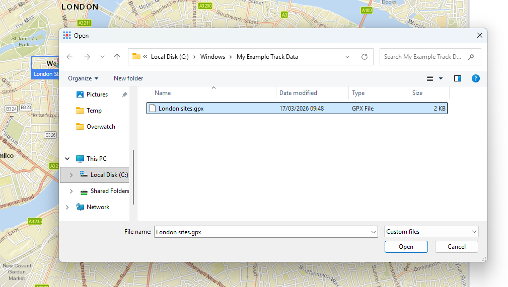 File picker dialog for selecting a GPX or CSV file to import temporal data