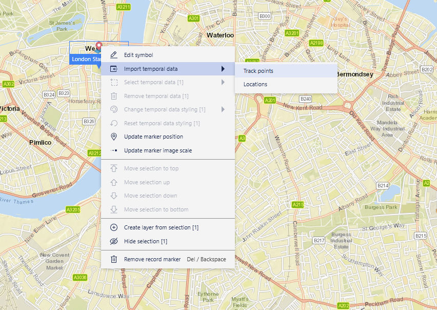 Map marker context menu with Import temporal data options