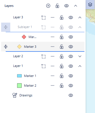 Layers panel showing drag-and-drop for moving layers and markers