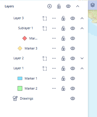 Layers panel showing layers, sublayers, and markers in i2 Overwatch
