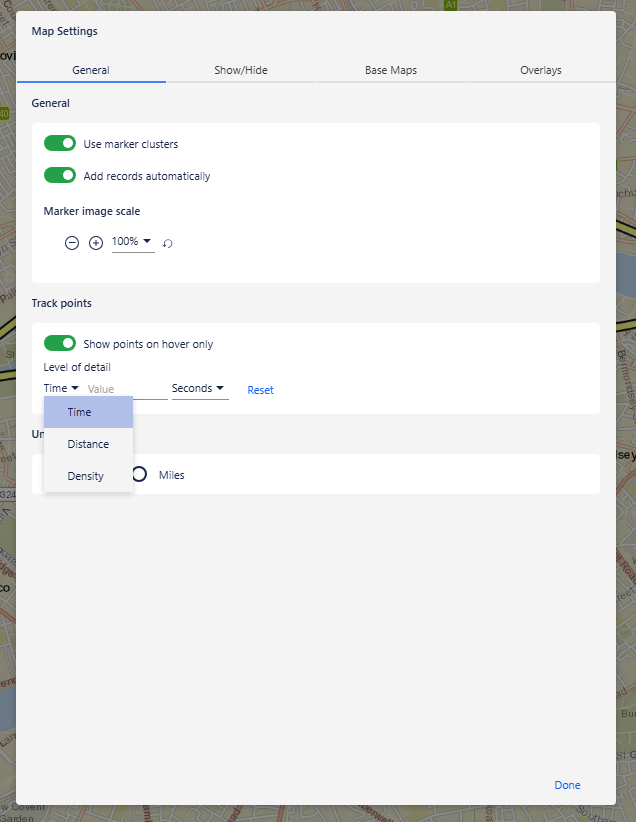 Map settings Level of detail panel showing the Time, Distance, and Density options