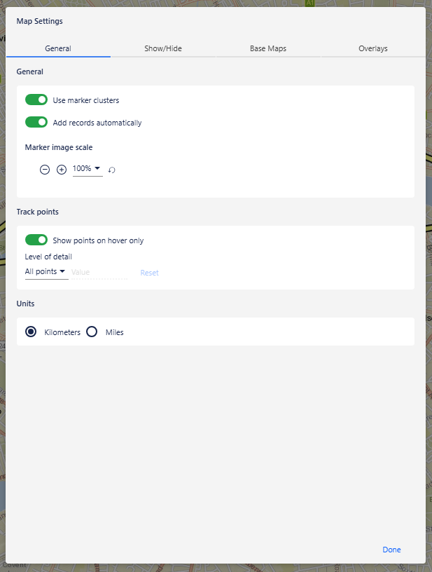 Map settings General tab showing the Show points on hover only toggle