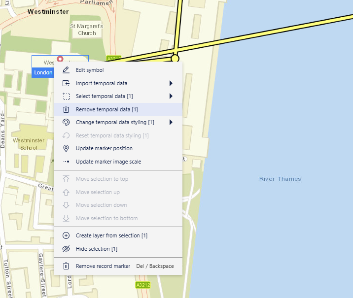 Map marker menu option for clearing imported temporal data