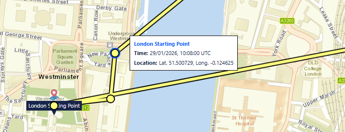 Selected imported track point showing its position and timestamp