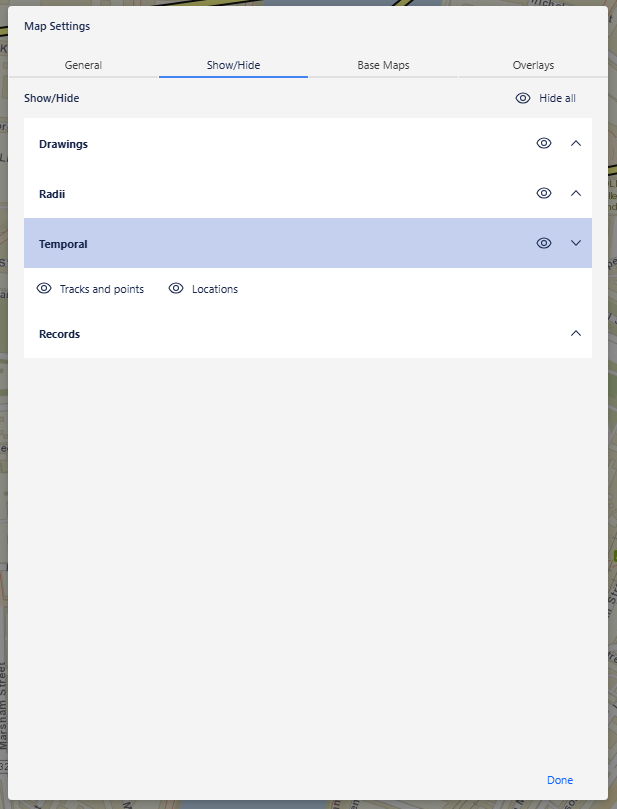 Map settings Show/Hide tab with Temporal section showing Track points and locations and Locations options