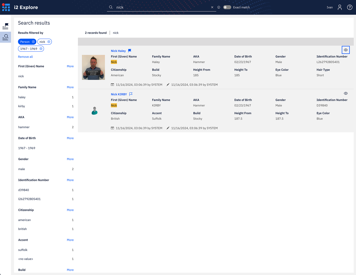 i2 Explore filtered search results