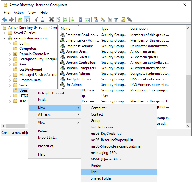 Creating a new user in Active Directory