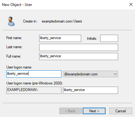 Adding the Liberty service user details in Active Directory