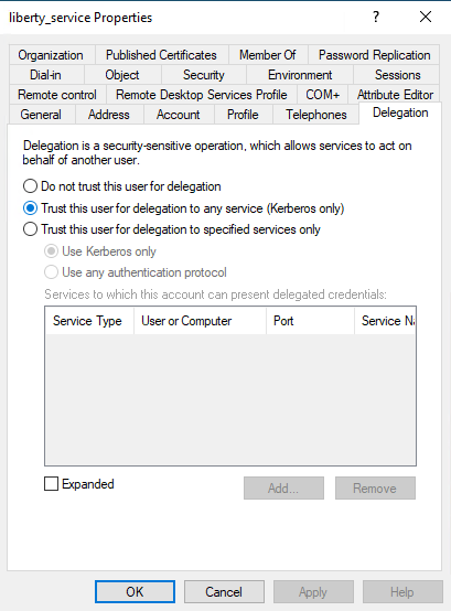 Configuring delegation for the Liberty service user