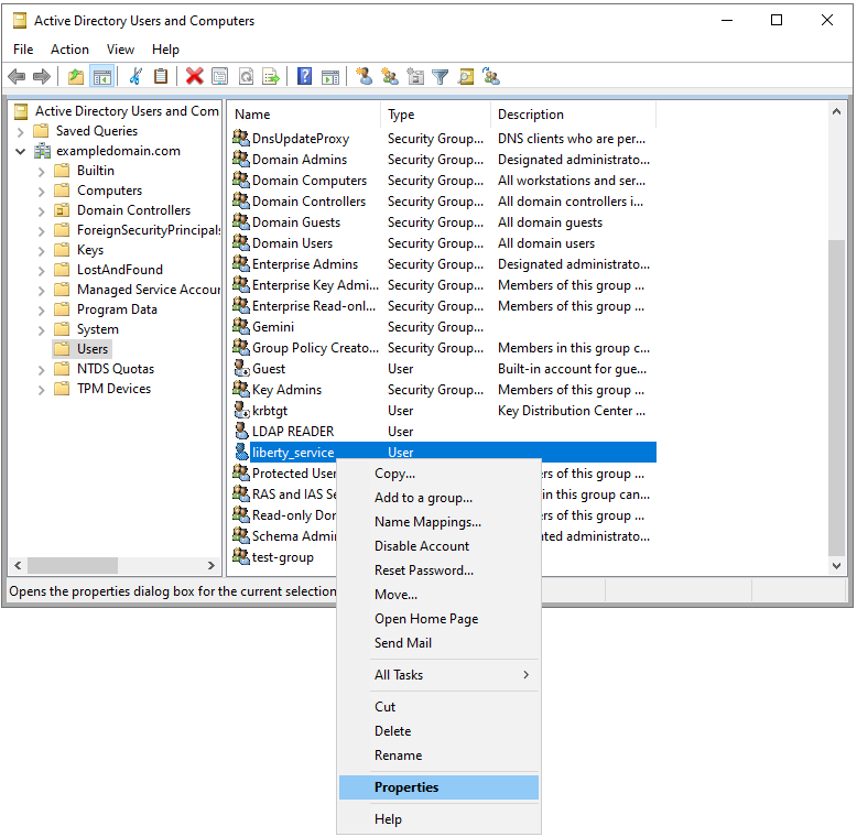 Properties for the Liberty service user