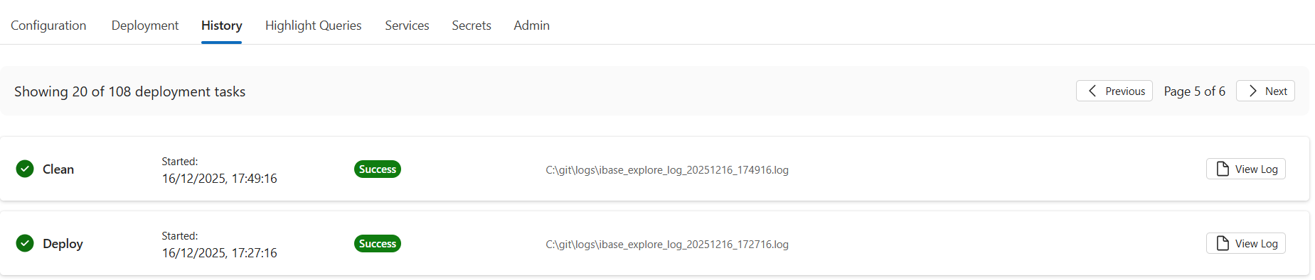 The History tab showing a list of past deployment tasks with status indicators, timestamps, and a View Log button for each entry.