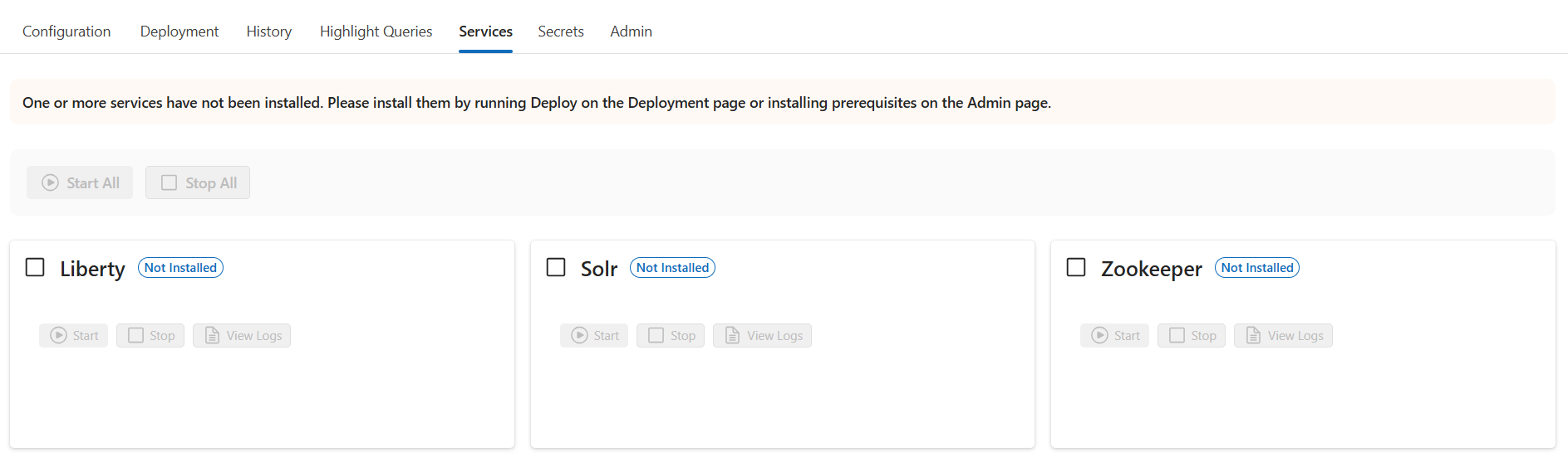 The Services tab showing the status cards for Liberty, Solr, and ZooKeeper with start, stop, and view logs controls.