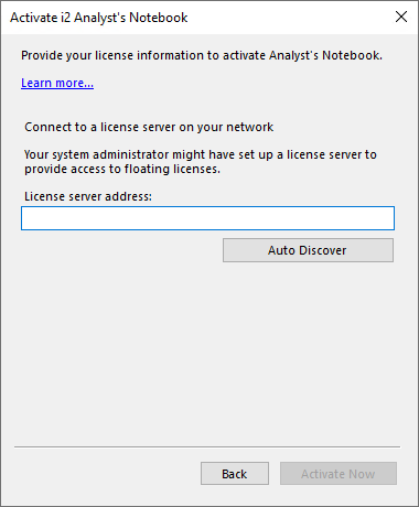 The Analyst's Notebook dialog for connecting to a network license server