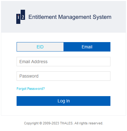 The login page for the i2 EMS portal