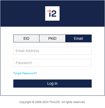 The login page for the i2 EMS portal