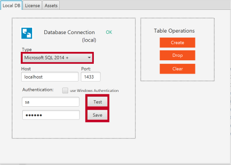 Local database configuration dialog