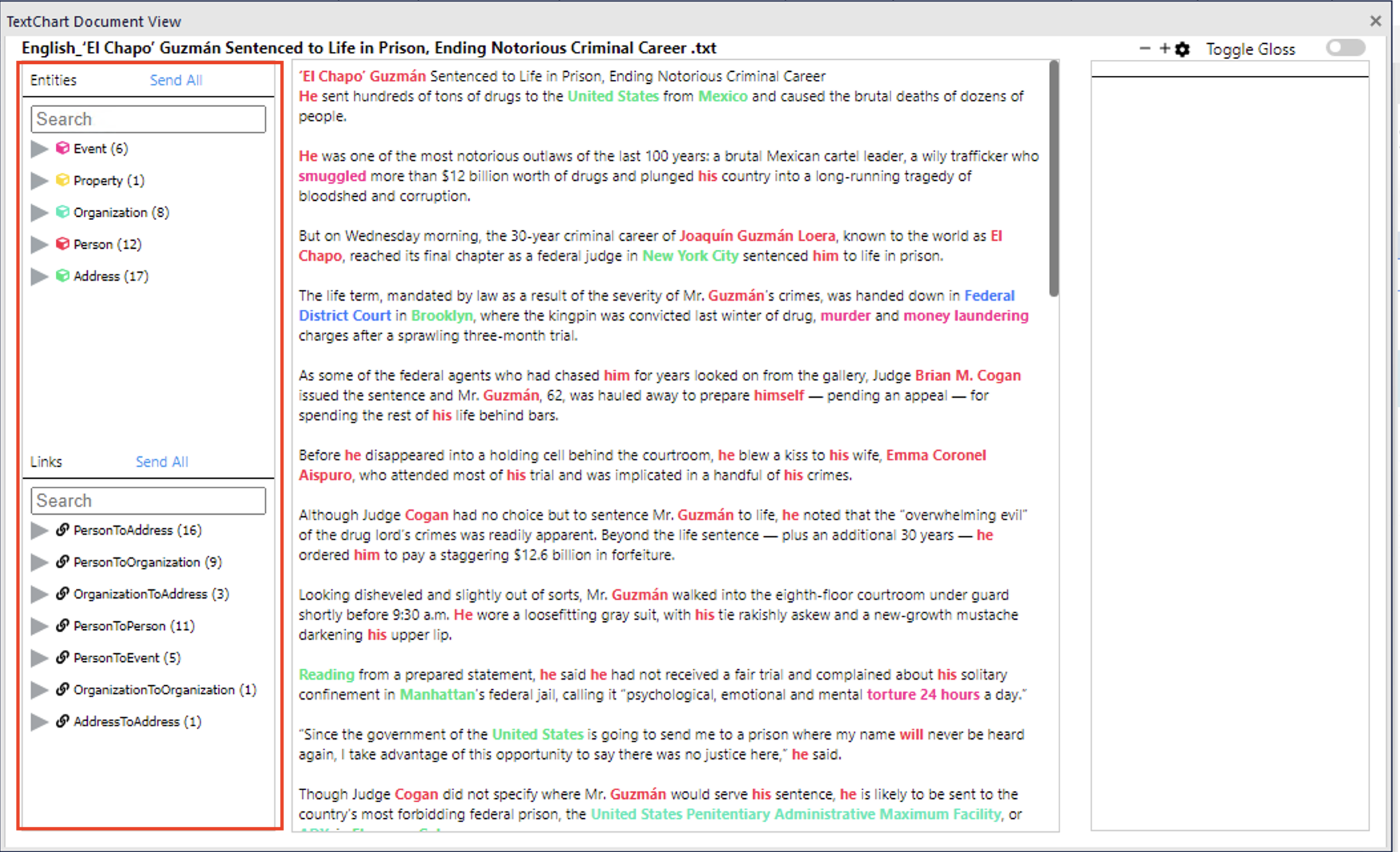 TextChart document entity and link lists