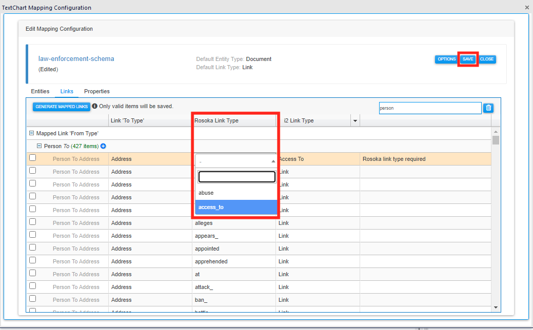 Link mapping selected source link type