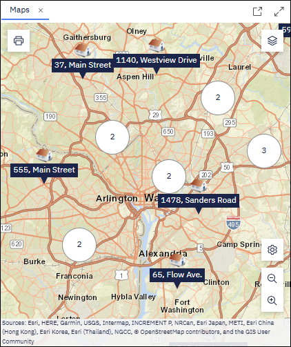 The Maps window with some small marker clusters
